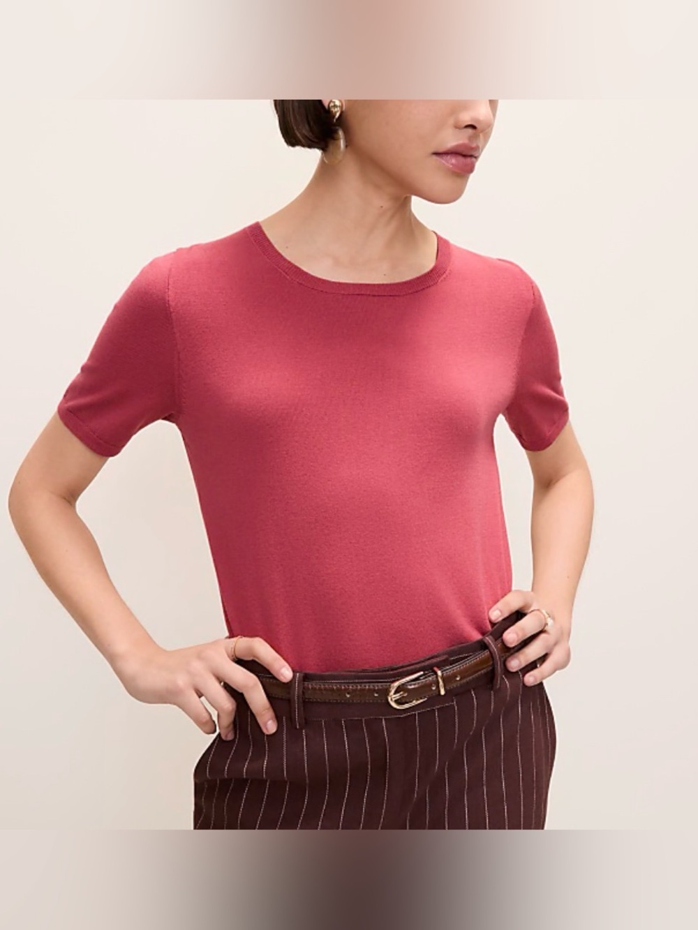 Ann Taylor Short-Sleeve Crewneck Top in Rosewood
